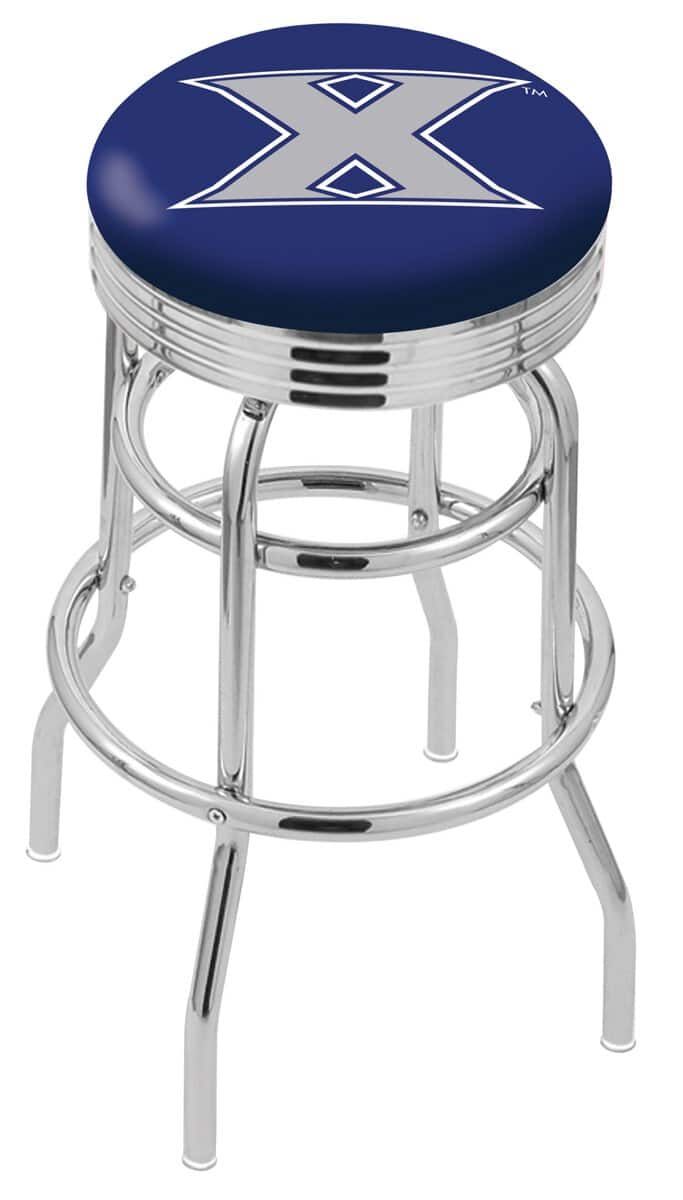 Xavier University 30-Inch Swivel Backless Bar Stool w/ Chrome Finish, Double-Ring Base, 2.75-Inch Chrome Ribbed Ring, 2.5-Inch Cushion Seat