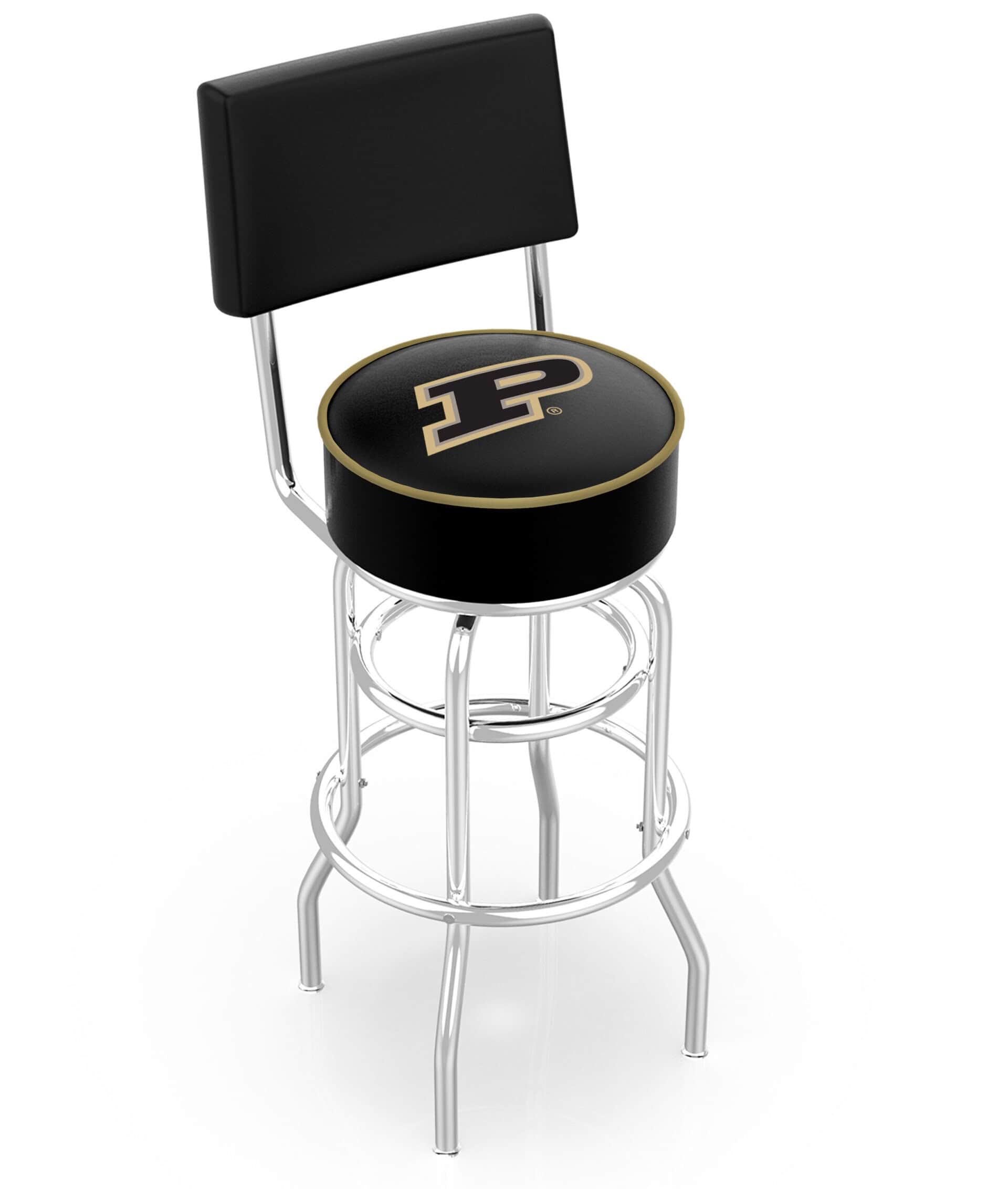 Purdue University 30-Inch Swivel Bar Stool w/ Chrome Finish, Double-Ring Base, Cushioned Back, 5-Inch Cushion Seat