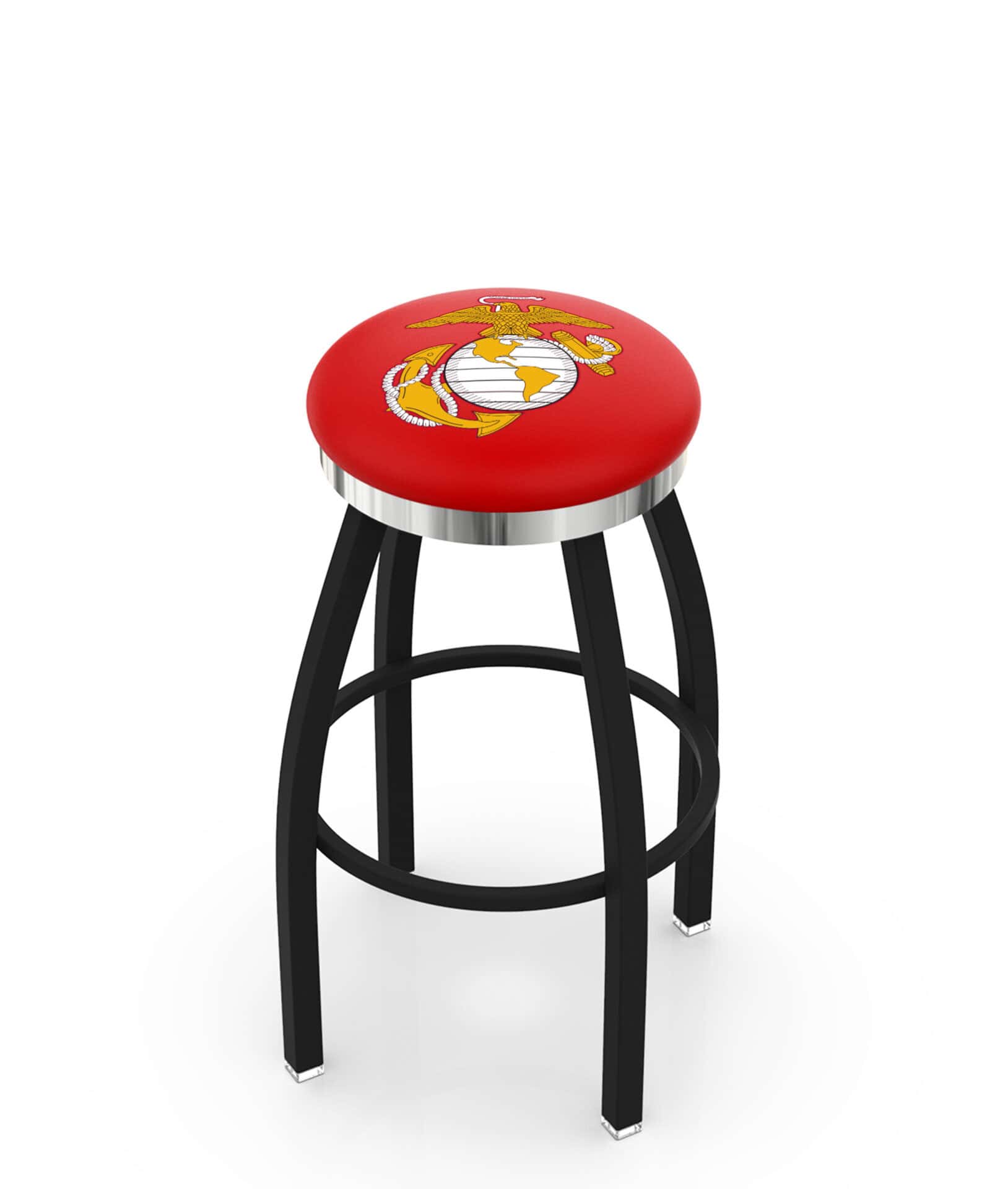 United States Marine Corps (Red/Yellow) 36-Inch Swivel Backless Extra Tall Bar Stool w/ Black Wrinkle Finish, Single-Ring Base, 2-Inch Chrome Ring, 2.5-Inch Cushion Seat