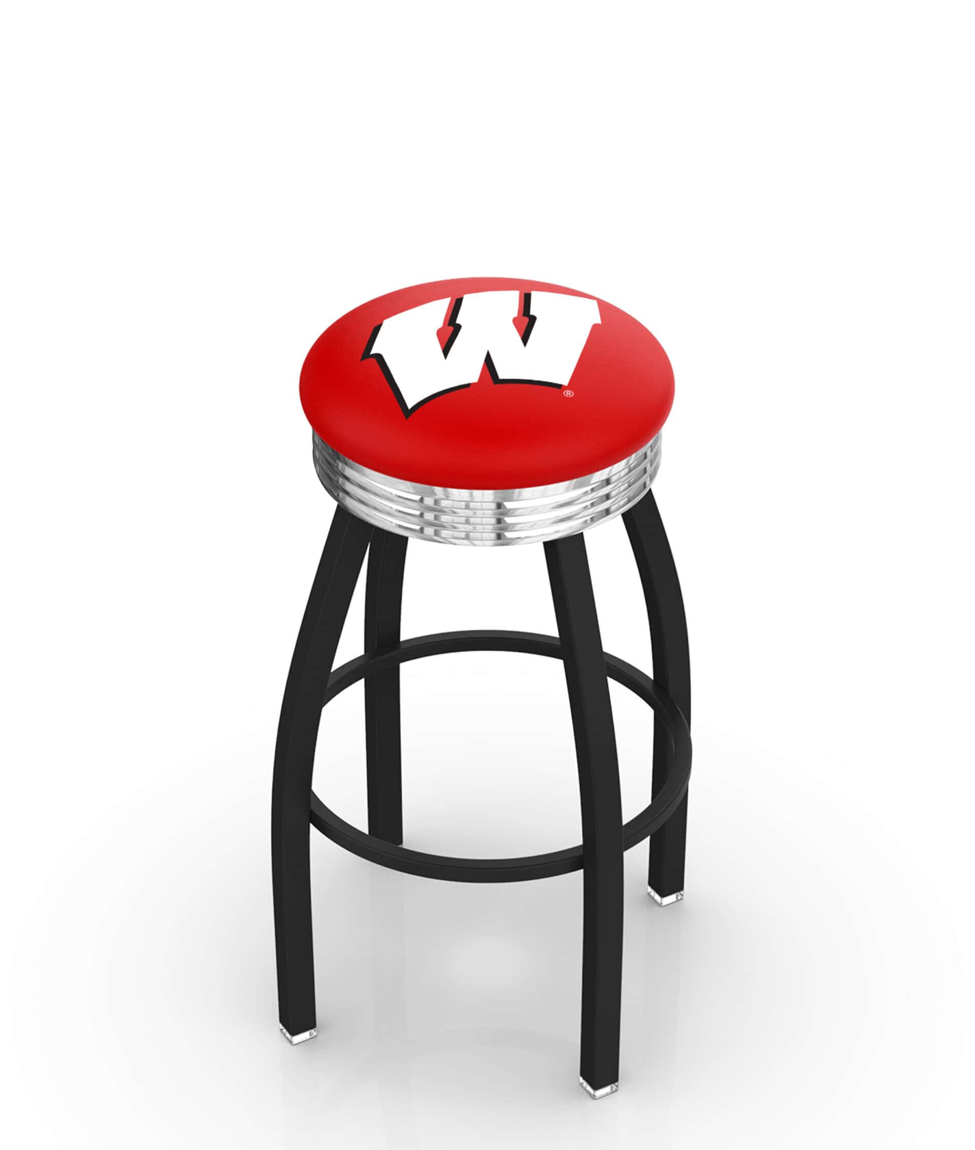University of Wisconsin 25-Inch Swivel Backless Counter Stool w/ Black Wrinkle Finish, Single-Ring Base, 2.75-Inch Chrome Ribbed Ring, 2.5-Inch Cushion Seat ('W' Logo)