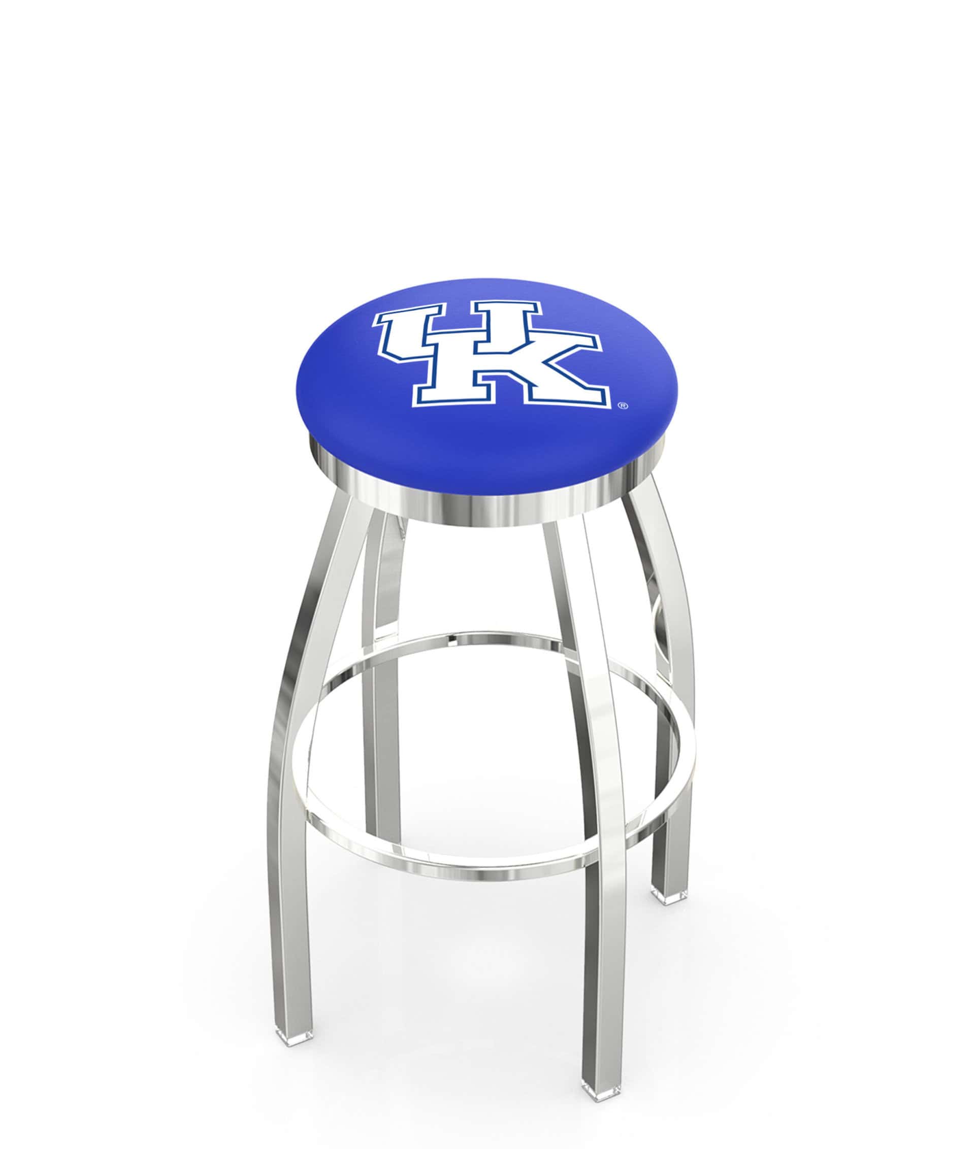 University of Kentucky 36-Inch Swivel Backless Extra Tall Bar Stool w/ Chrome Finish, Single-Ring Base, 2-Inch Chrome Ring, 2.5-Inch Cushion Seat ('UK' Logo)