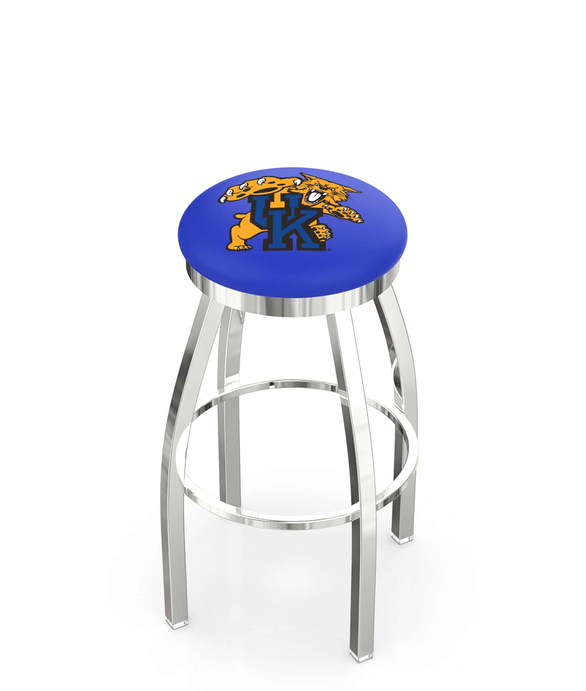 University of Kentucky 36-Inch Swivel Backless Extra Tall Bar Stool w/ Chrome Finish, Single-Ring Base, 2-Inch Chrome Ring, 2.5-Inch Cushion Seat (Wildcat Logo)