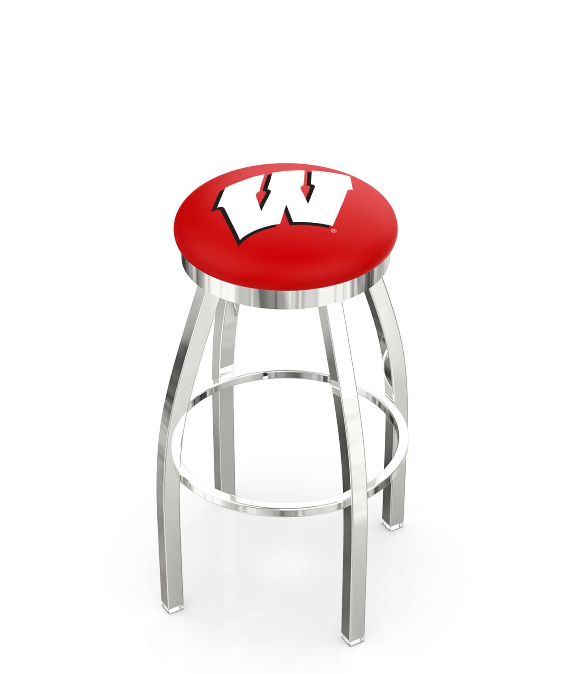 University of Wisconsin 36-Inch Swivel Backless Extra Tall Bar Stool w/ Chrome Finish, Single-Ring Base, 2-Inch Chrome Ring, 2.5-Inch Cushion Seat ('W' Logo)