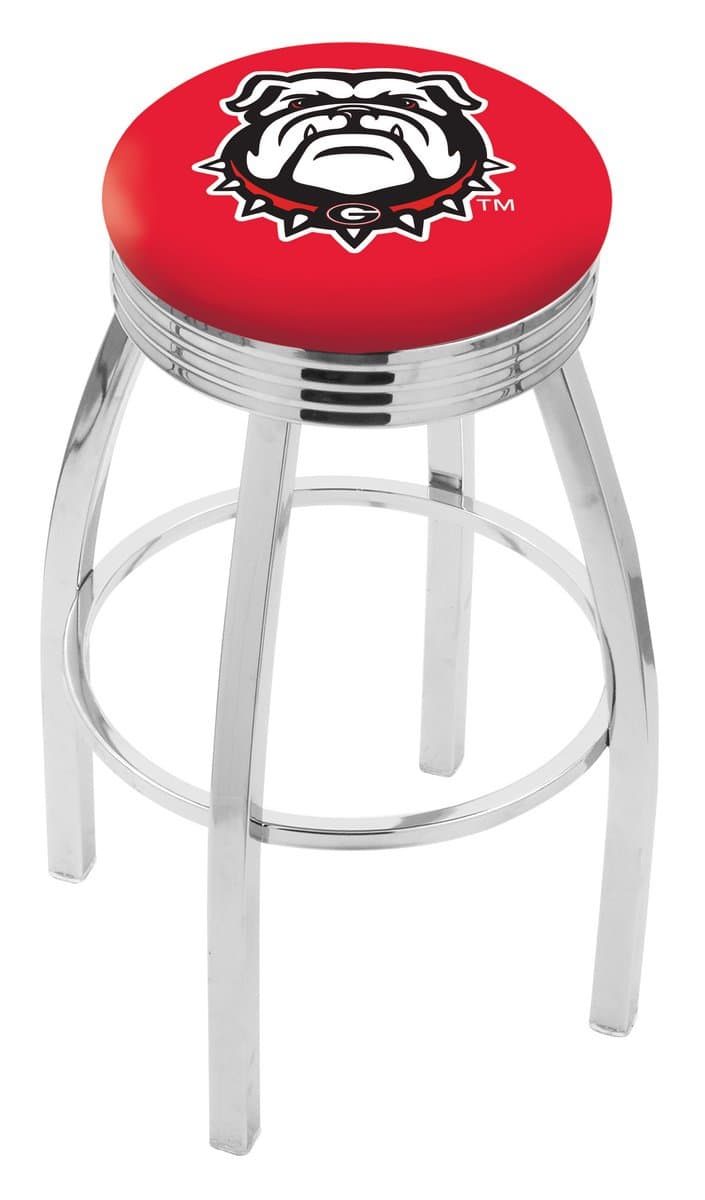University of Georgia 30-Inch Swivel Backless Bar Stool w/ Chrome Finish, Single-Ring Base, 2.75-Inch Chrome Ribbed Ring, 2.5-Inch Cushion Seat (Bulldog Logo)