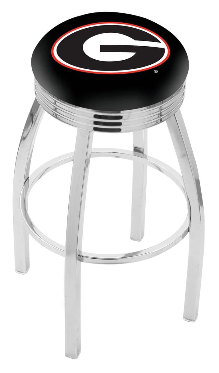 University of Georgia 25-Inch Swivel Backless Counter Stool w/ Chrome Finish, Single-Ring Base, 2.75-Inch Chrome Ribbed Ring, 2.5-Inch Cushion Seat ('G' Logo)