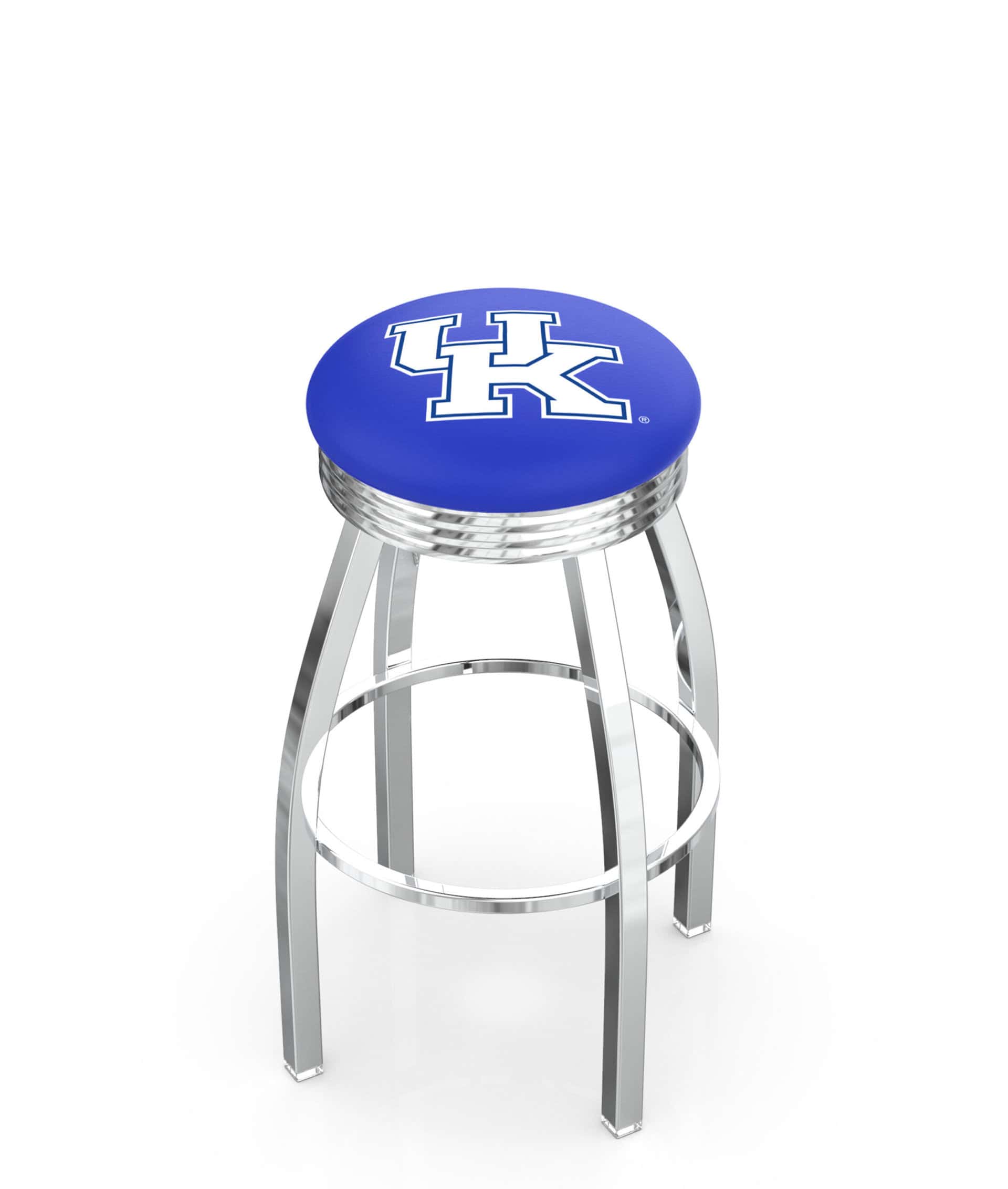 University of Kentucky 25-Inch Swivel Backless Counter Stool w/ Chrome Finish, Single-Ring Base, 2.75-Inch Chrome Ribbed Ring, 2.5-Inch Cushion Seat (