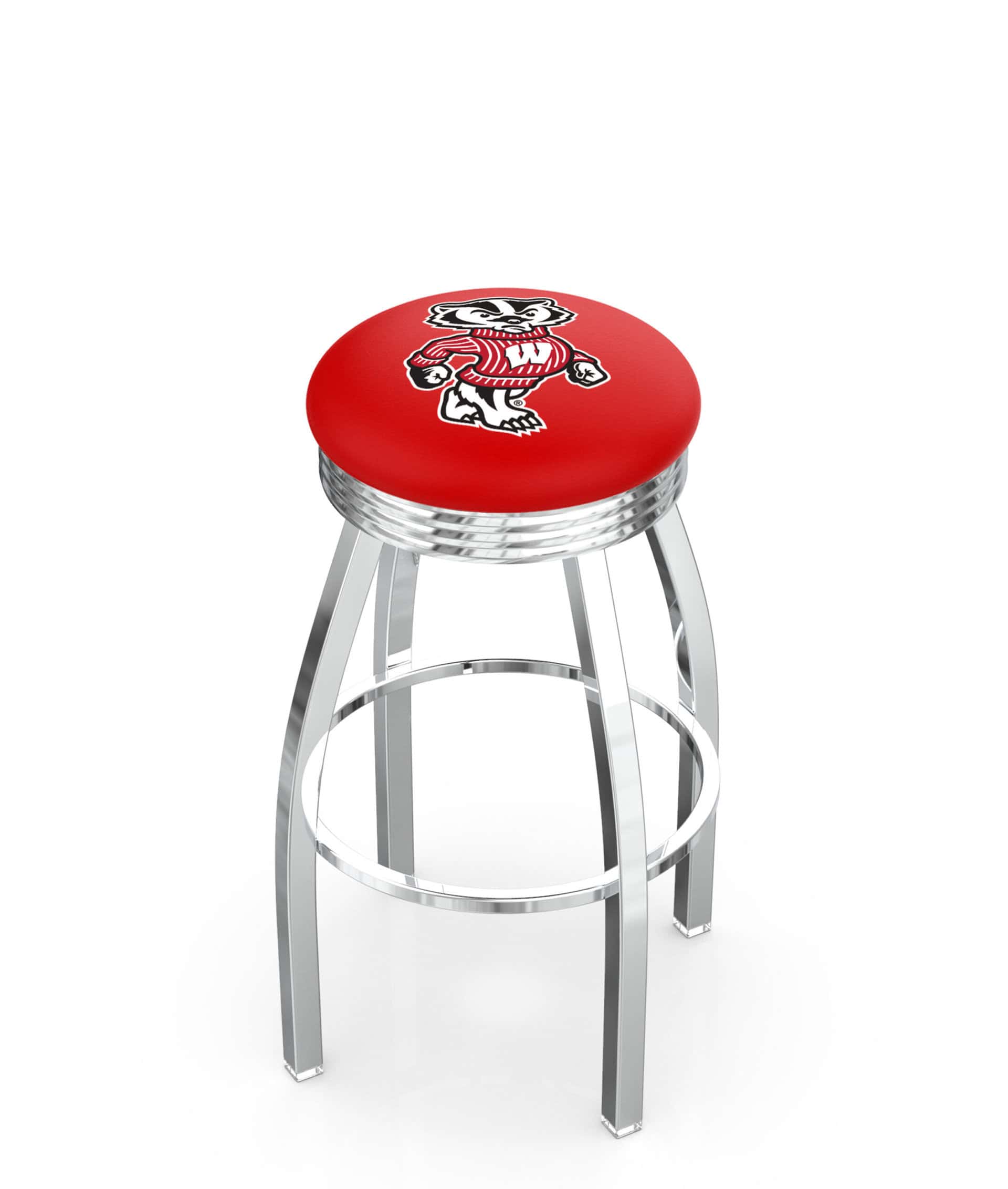 University of Wisconsin 30-Inch Swivel Backless Bar Stool w/ Chrome Finish, Single-Ring Base, 2.75-Inch Chrome Ribbed Ring, 2.5-Inch Cushion Seat (Badger Logo)