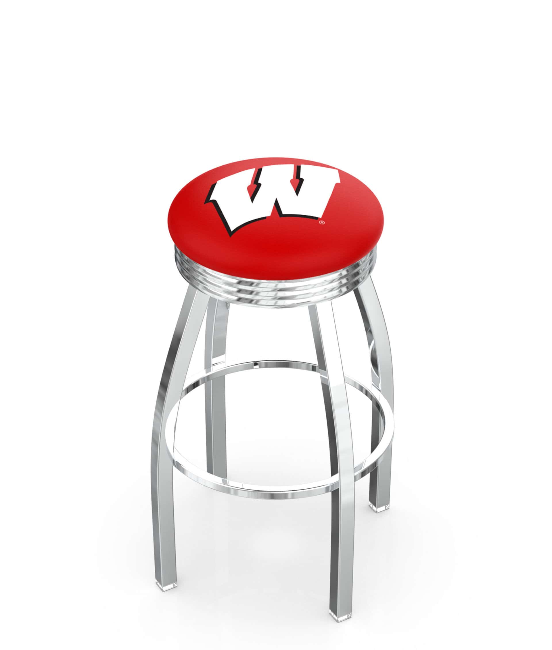 University of Wisconsin 30-Inch Swivel Backless Bar Stool w/ Chrome Finish, Single-Ring Base, 2.75-Inch Chrome Ribbed Ring, 2.5-Inch Cushion Seat ('W' Logo)