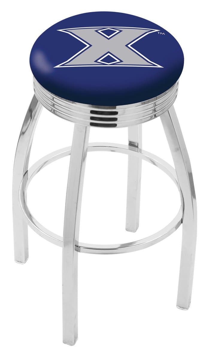 Xavier University 30-Inch Swivel Backless Bar Stool w/ Chrome Finish, Single-Ring Base, 2.75-Inch Chrome Ribbed Ring, 2.5-Inch Cushion Seat