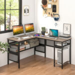 L Shaped Gray Desk with Charging Station and Adjustable Shelf