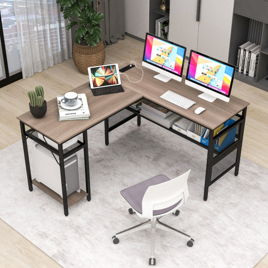 L Shaped Gray Desk with Charging Station and Adjustable Shelf - Image 2