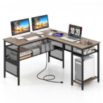 L Shaped Gray Desk with Charging Station and Adjustable Shelf