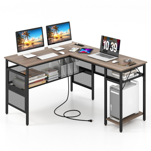 L Shaped Gray Desk with Charging Station and Adjustable Shelf - Image 3