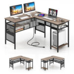 L Shaped Gray Desk with Charging Station and Adjustable Shelf