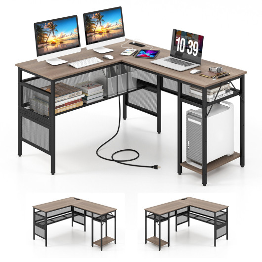 L Shaped Gray Desk with Charging Station and Adjustable Shelf - Image 4