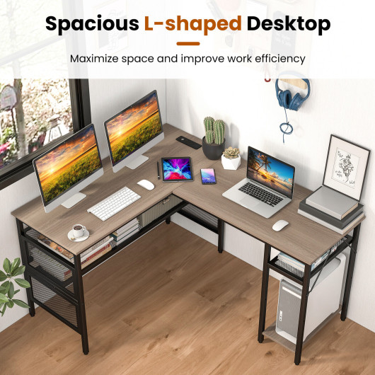 L Shaped Gray Desk with Charging Station and Adjustable Shelf - Image 6