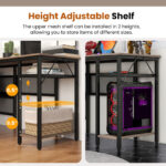 L Shaped Gray Desk with Charging Station and Adjustable Shelf