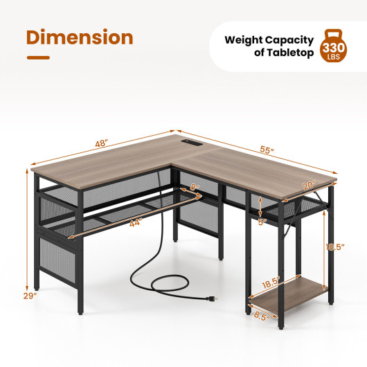 L Shaped Gray Desk with Charging Station and Adjustable Shelf - Image 5
