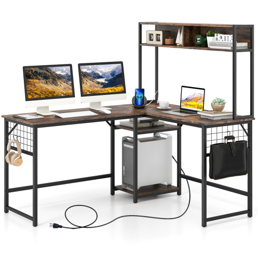 Convertible L-Shaped Desk with Hutch and Built-In Power Outlet - Image 3