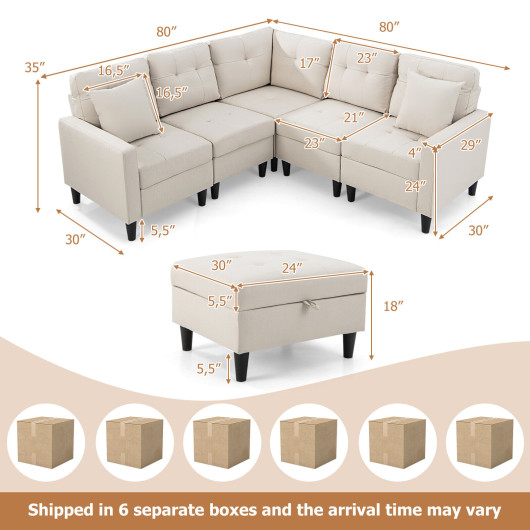 Modular L Shaped Sectional Sofa with Storage Ottoman (Set of 6)