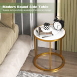 Compact Round Faux Marble Side Table with Golden Metal Frame