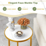 Compact Round Faux Marble Side Table with Golden Metal Frame