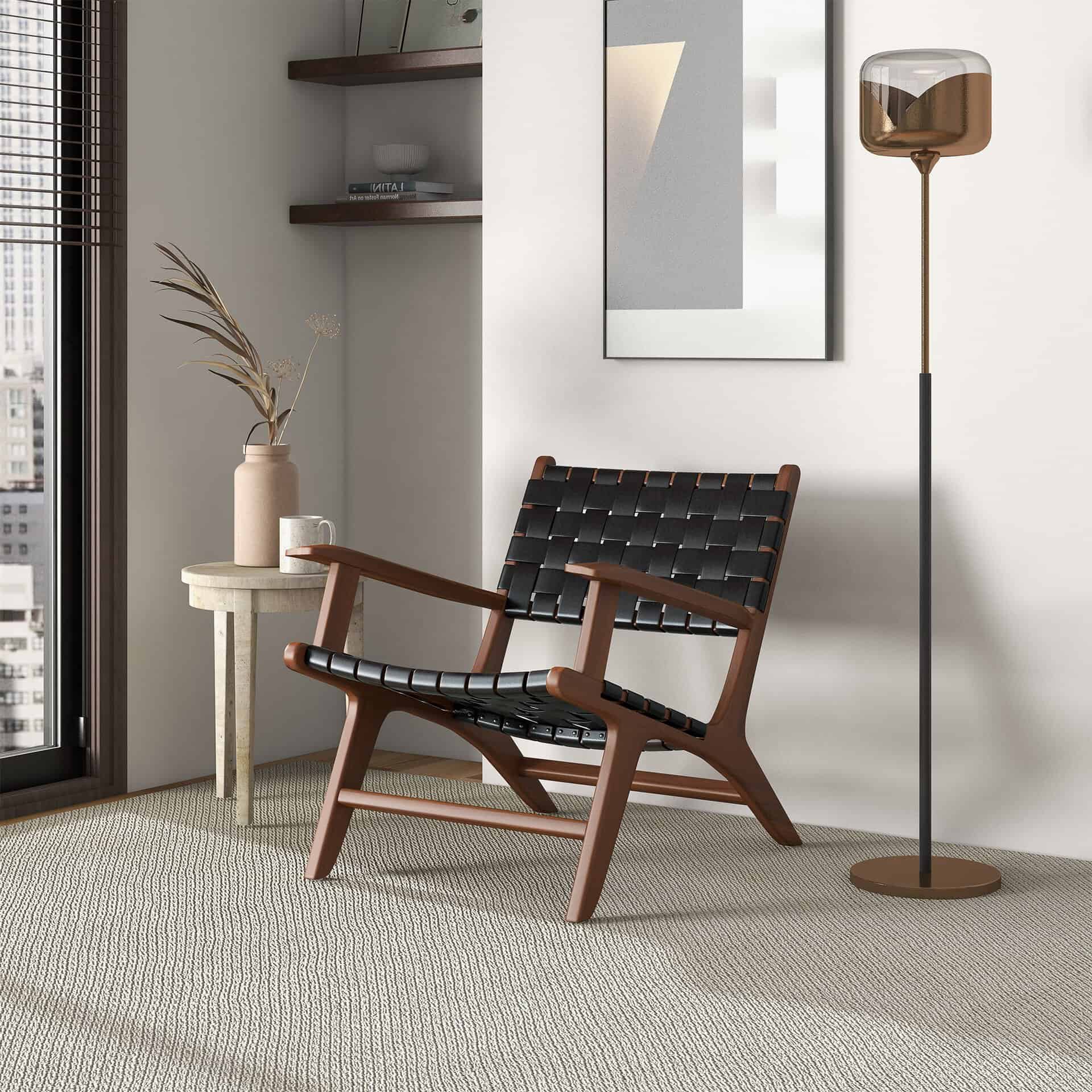 Black Leather Teak Wood Lounge Chair Modern Design