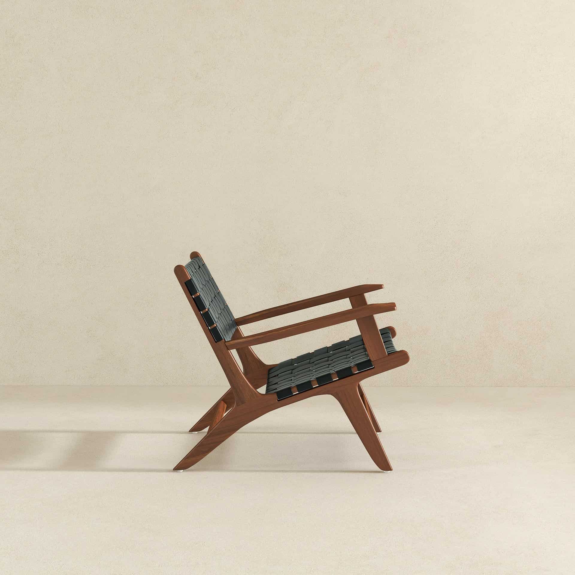 Black Leather Teak Wood Lounge Chair Modern Design