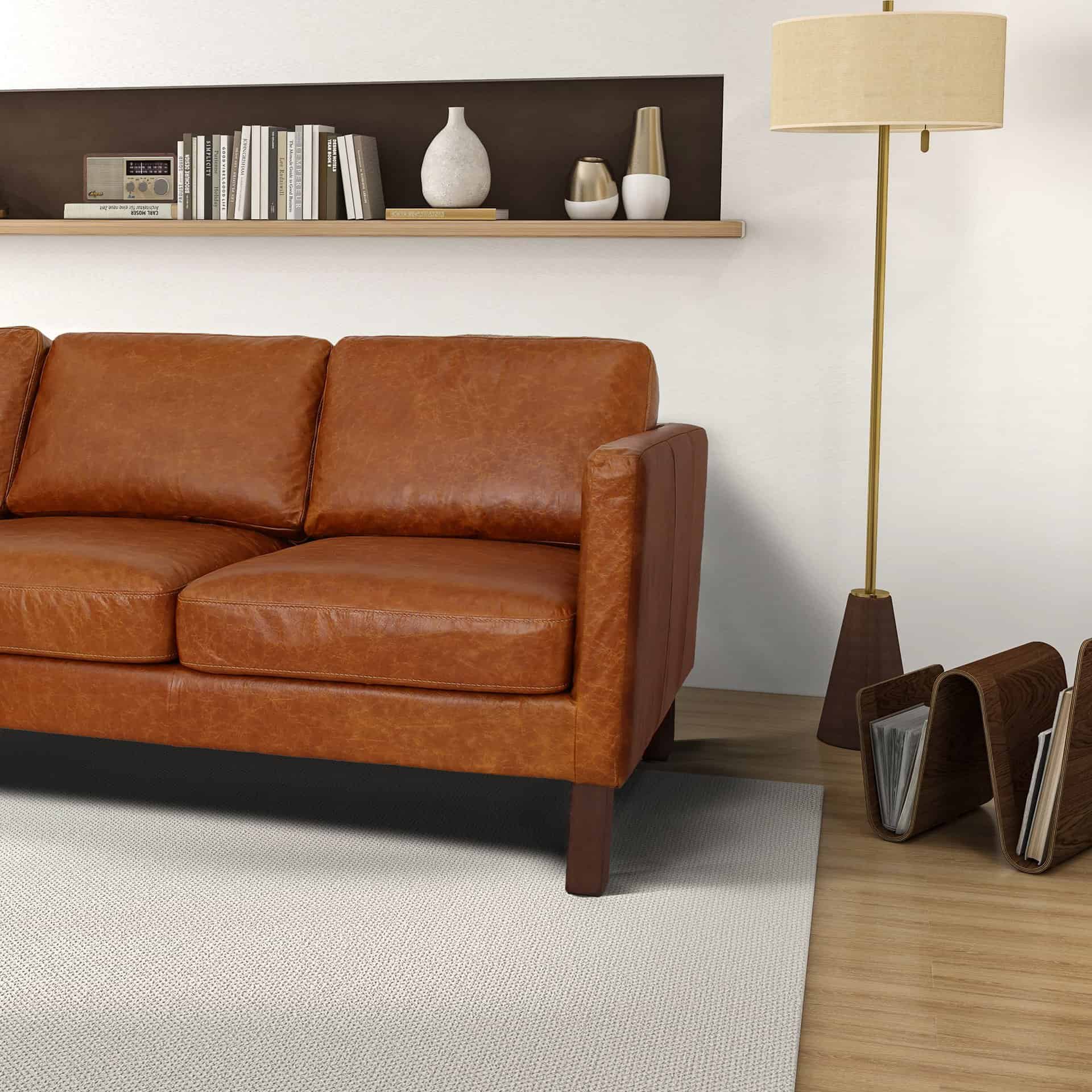 Tan Leather Sofa with Walnut Wood Legs and Deep Seat