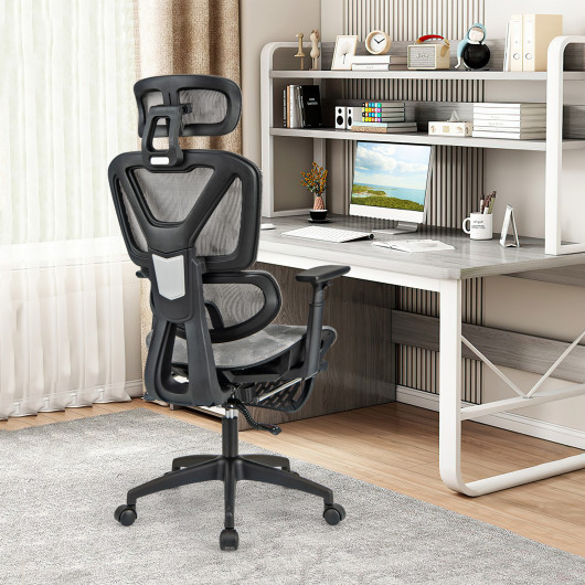 Adjustable Mesh Office Chair with Footrest and Tilting Backrest Gray