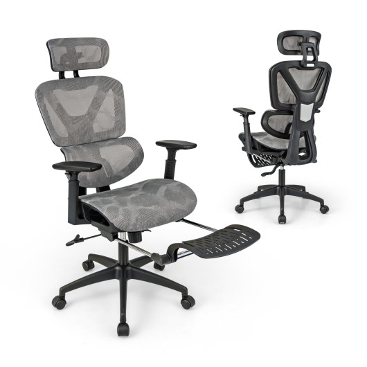 Adjustable Mesh Office Chair with Footrest and Tilting Backrest Gray