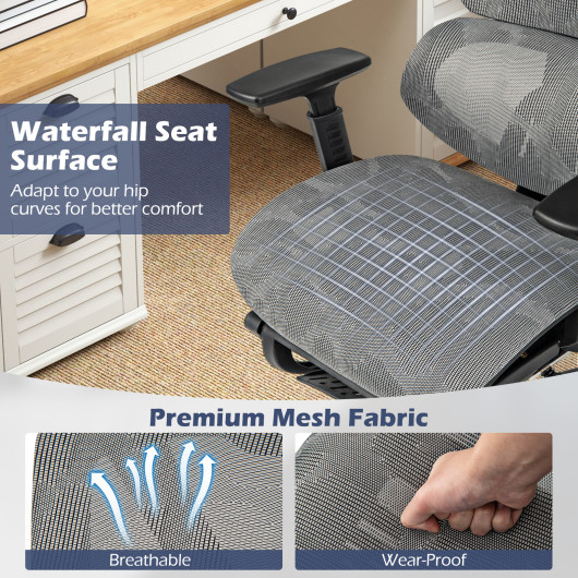 Adjustable Mesh Office Chair with Footrest and Tilting Backrest Gray