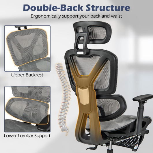 Adjustable Mesh Office Chair with Footrest and Tilting Backrest Gray