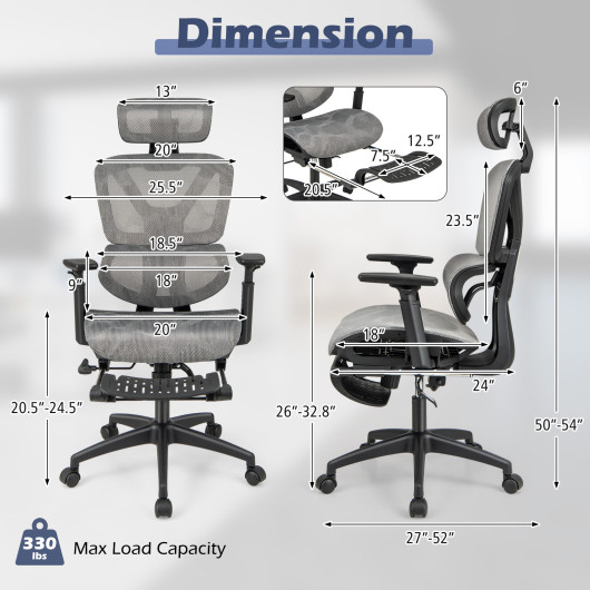Adjustable Mesh Office Chair with Footrest and Tilting Backrest Gray