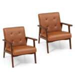 Mid Century Modern Leather Accent Chair with Wooden Frame