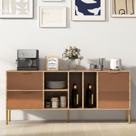 Natural Mirrored Buffet Cabinet with Drawers and Door for Storage