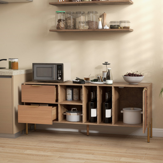 Natural Mirrored Buffet Cabinet with Drawers and Door for Storage