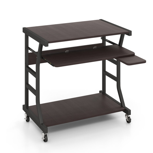 Rolling Computer Desk with Keyboard Tray, Mouse Tray, and Shelf