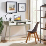 Modern Computer Desk with Drawers, Shelf, and Solid Wood Legs