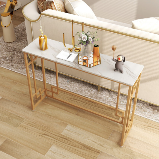 White Faux Marble Console Table with Geometric Gold Frame