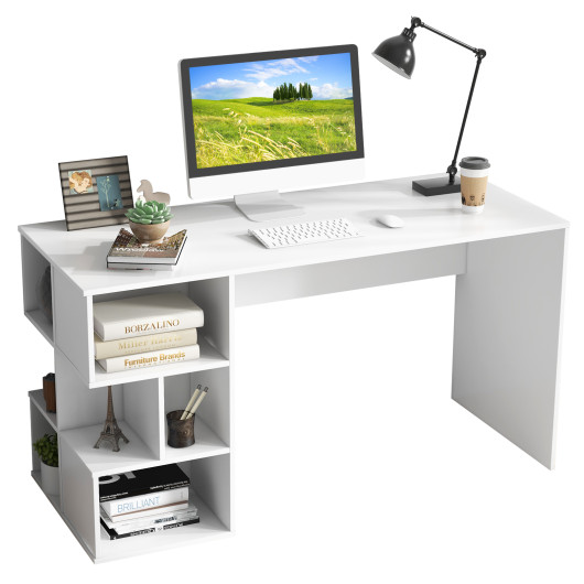 White Modern Computer Desk with Storage Shelves for Home Office