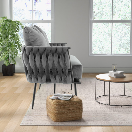 Velvet Upholstered Loveseat Sofa with Woven Backrest and Armrests