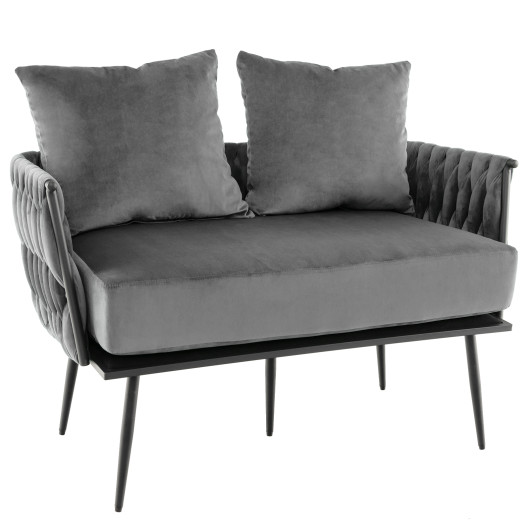 Velvet Upholstered Loveseat Sofa with Woven Backrest and Armrests