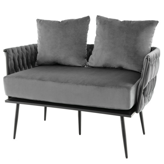 Velvet Upholstered Loveseat Sofa with Woven Backrest and Armrests