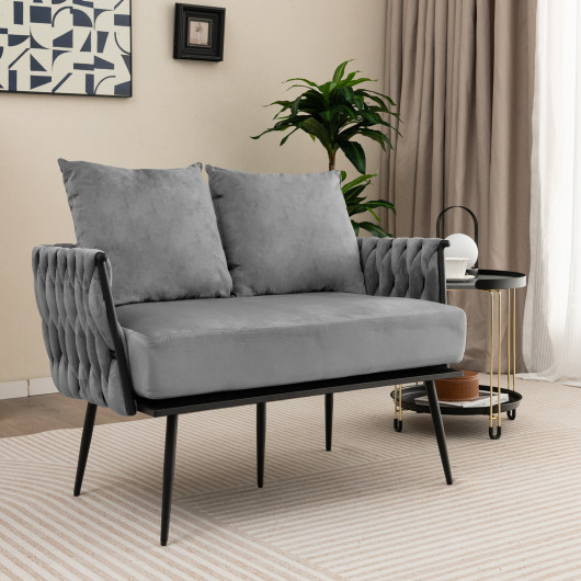 Velvet Upholstered Loveseat Sofa with Woven Backrest and Armrests