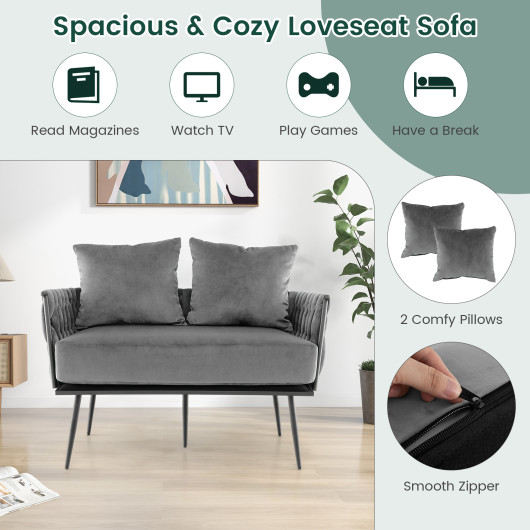 Velvet Upholstered Loveseat Sofa with Woven Backrest and Armrests