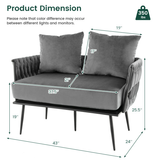 Velvet Upholstered Loveseat Sofa with Woven Backrest and Armrests