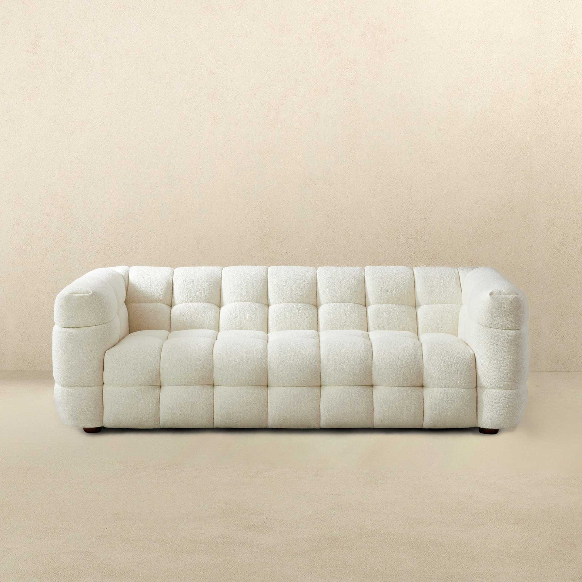 Cream Boucle Mid-Century Modern 3-Seater Sofa with Tufted Design