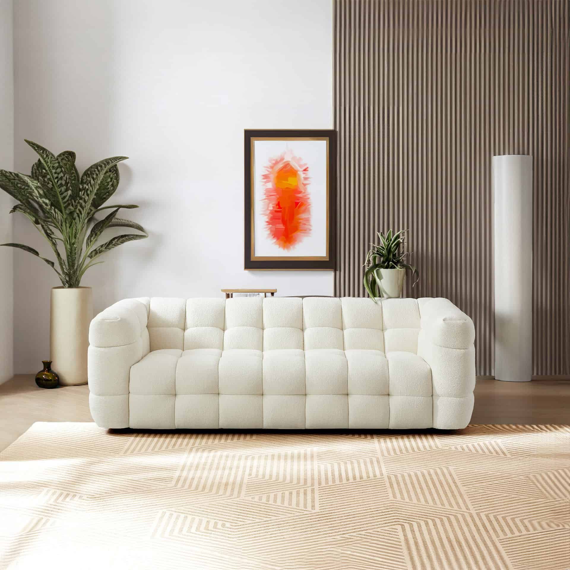 Cream Boucle Mid-Century Modern 3-Seater Sofa with Tufted Design