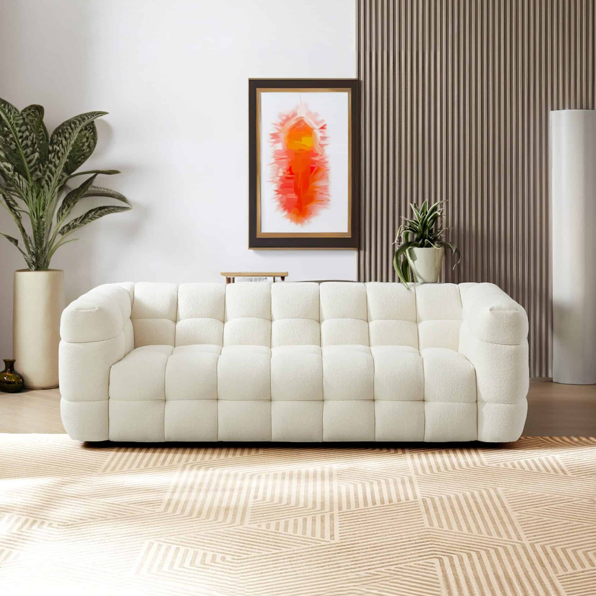 Cream Boucle Mid-Century Modern 3-Seater Sofa with Tufted Design - Image 2